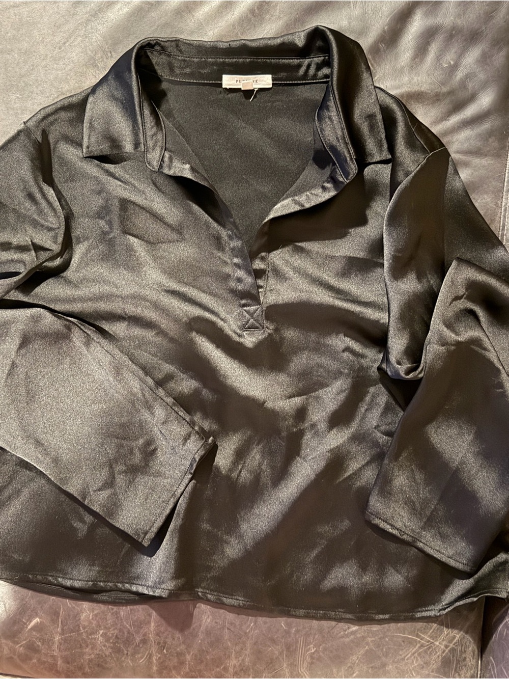 Pleione Black Satin Collared V-Neck Blouse